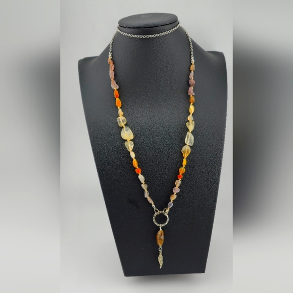 Mixed Agate Chip Bead Necklace 19" Drop Silver Feather Pendant Boho Style - Picture 1 of 15